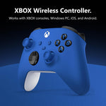 Microsoft Xbox Series X and S Wireless Controller in Shock Blue shown at an angle, featuring blue thumbsticks, black buttons and a contrasting white back.