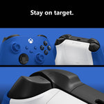 Microsoft Xbox Wireless Controller in Shock Blue showing its contrasting white rear casing, textured black triggers and ergonomic grip design.